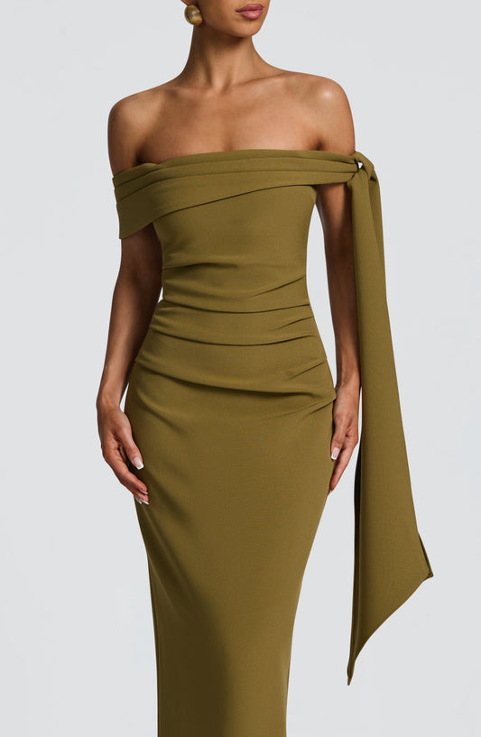 Chloe Maxi Dress Deep Olive Pleated Bardot – detail view