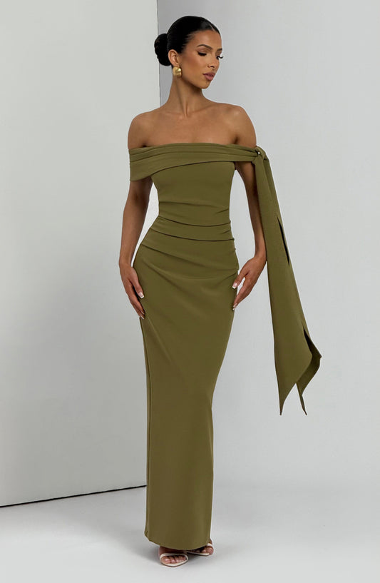 Chloe Maxi Dress Deep Olive Pleated Bardot – styling detail