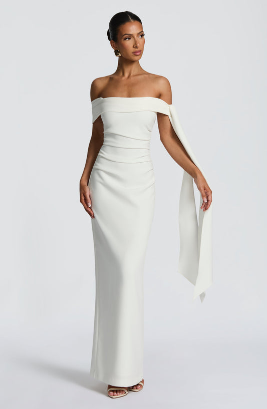 Chloe Maxi Dress Ivory Bardot Column – detail view