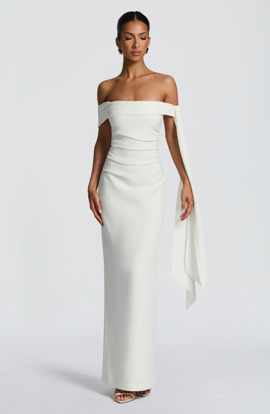 Chloe Maxi Dress Ivory Bardot Column – styling detail