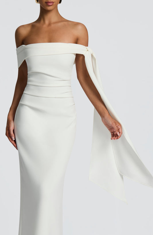 Chloe Maxi Dress Ivory Bardot Column – side view
