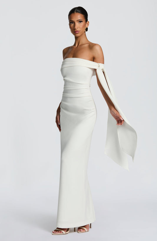 Chloe Maxi Dress Ivory Bardot Column – back view