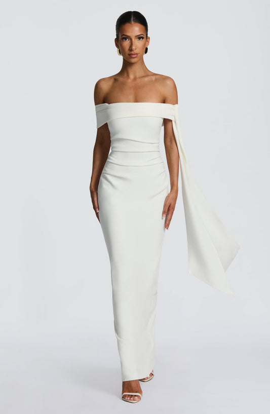 Chloe Maxi Dress Ivory Bardot Column – close-up detail