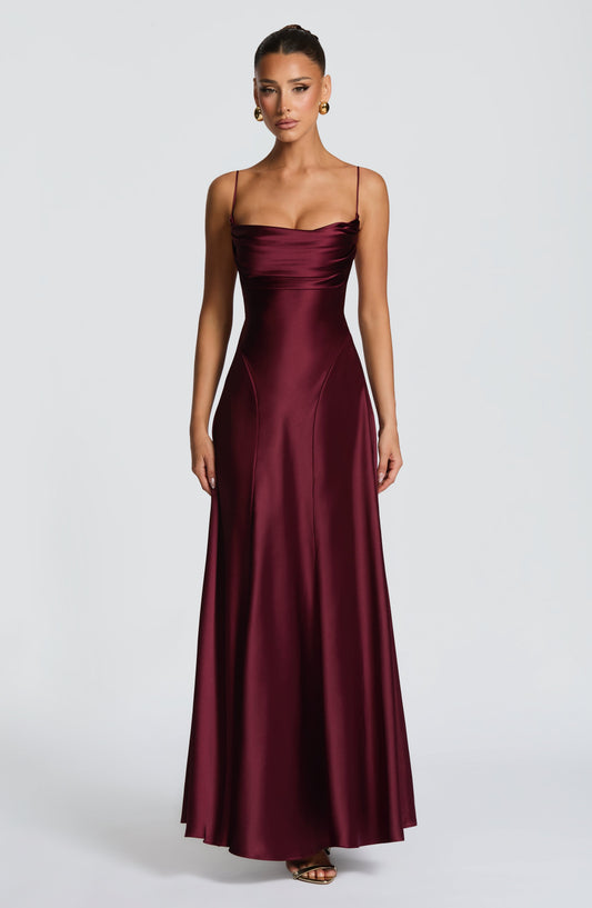 Isabella Cowl Neck Maxi Dress Cherry Lacquer – side view