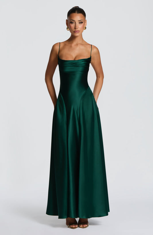 Isabella Maxi Dress Emerald Lace-Up Back – detail view