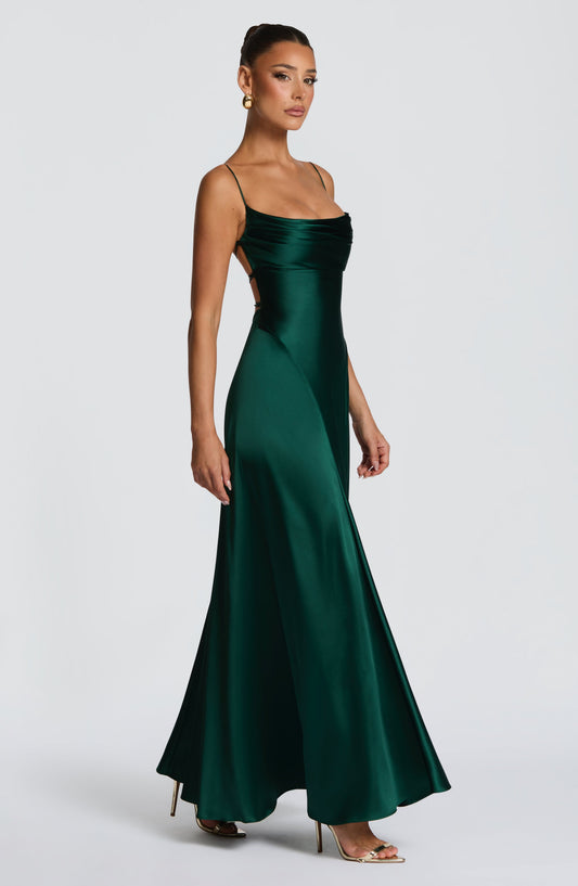 Isabella Maxi Dress Emerald Lace-Up Back – back view
