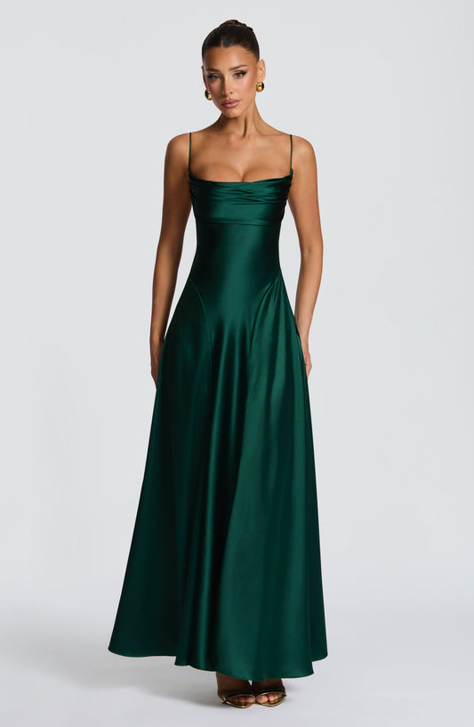 Isabella Maxi Dress Emerald Lace-Up Back – side view