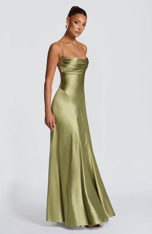 Isabella Maxi Dress Cowl Neck Light Olive – side view