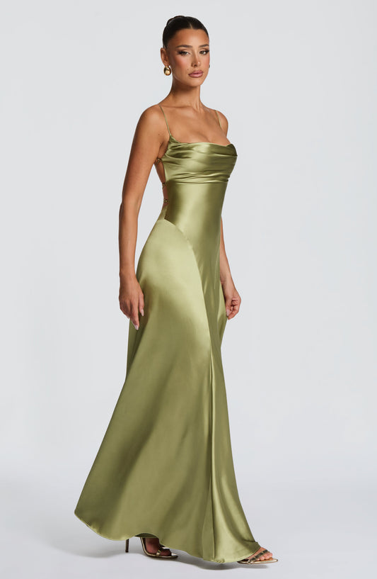 Isabella Maxi Dress Cowl Neck Light Olive – detail view