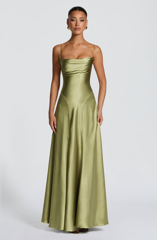 Isabella Maxi Dress Cowl Neck Light Olive – back view