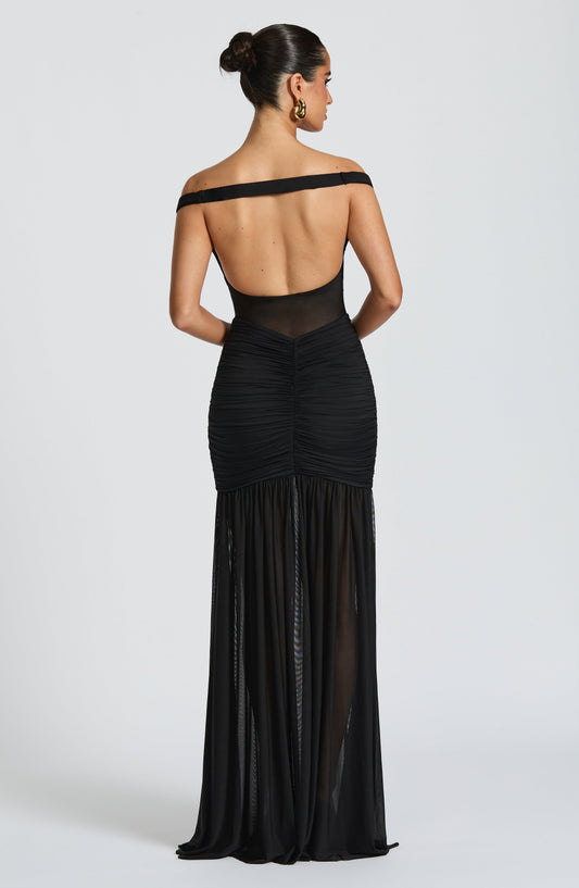 Sienna Maxi Dress Sheer Mesh Bardot Black – side view