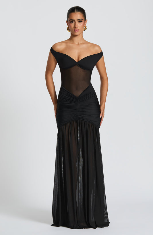 Sienna Maxi Dress Sheer Mesh Bardot Black – detail view