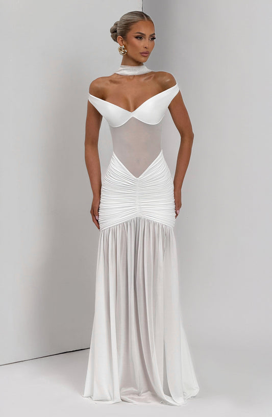 Sienna Maxi Dress Ivory Slinky Mesh – side view