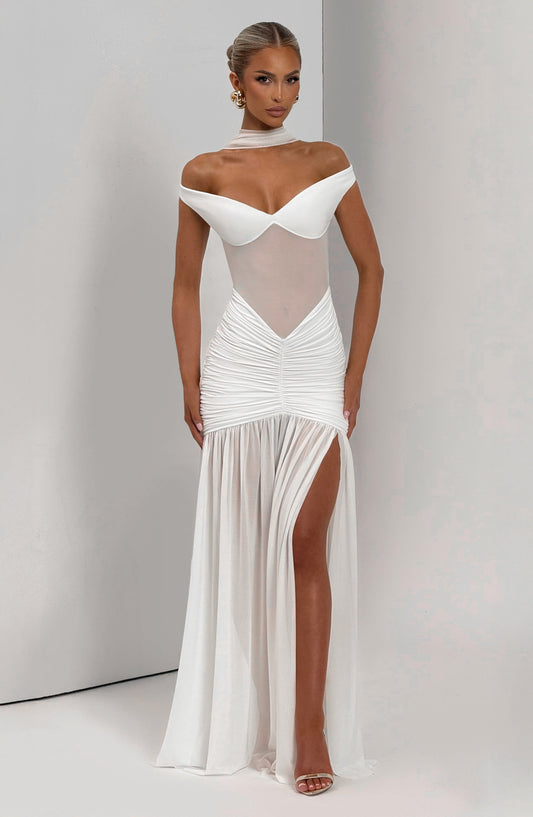 Sienna Maxi Dress Ivory Slinky Mesh – styling detail