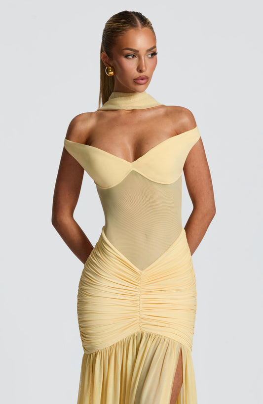 Sienna Bardot Mesh Maxi Dress Thigh Split Lemon – front view