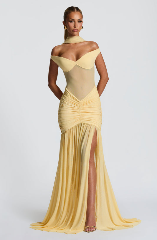 Sienna Bardot Mesh Maxi Dress Thigh Split Lemon – styling detail