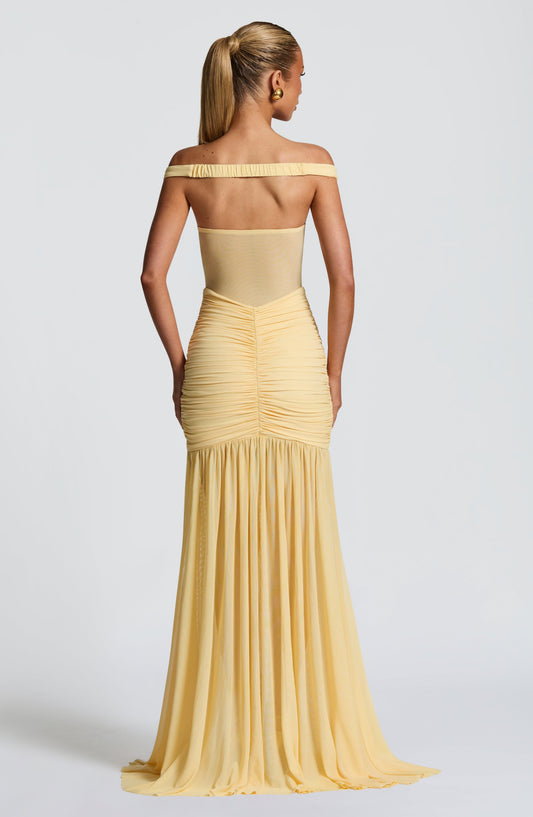 Sienna Bardot Mesh Maxi Dress Thigh Split Lemon – side view