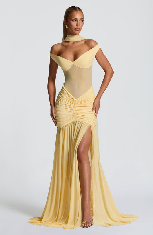 Amelièr Vorè | Sienna Bardot Mesh Maxi Dress Thigh Split Lemon