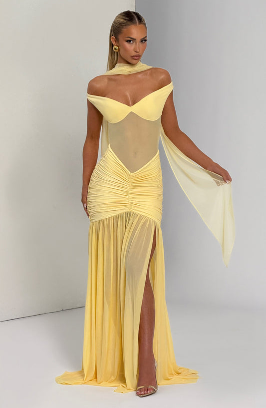 Sienna Bardot Mesh Maxi Dress Thigh Split Lemon – close-up detail