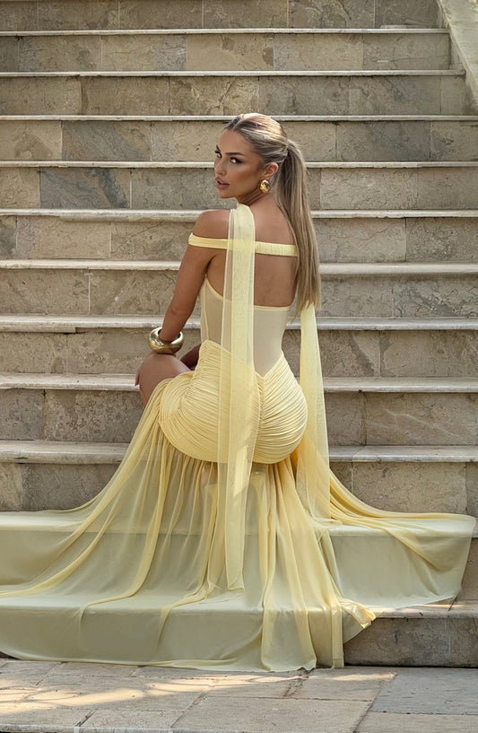 Sienna Bardot Mesh Maxi Dress Thigh Split Lemon – detail view