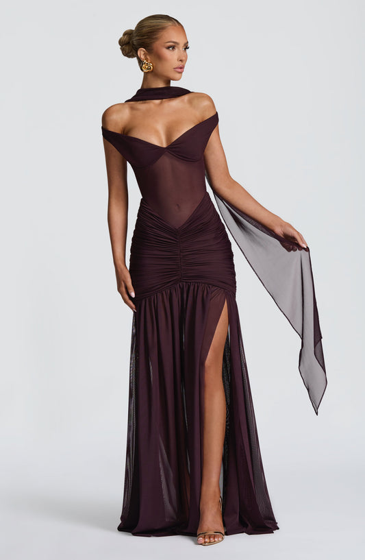 Amelièr Vorè | Sienna Maxi Dress Plum Sweetheart Bardot