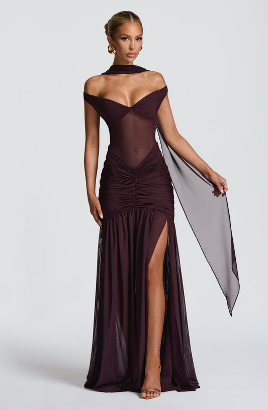 Sienna Maxi Dress Plum Sweetheart Bardot – front view