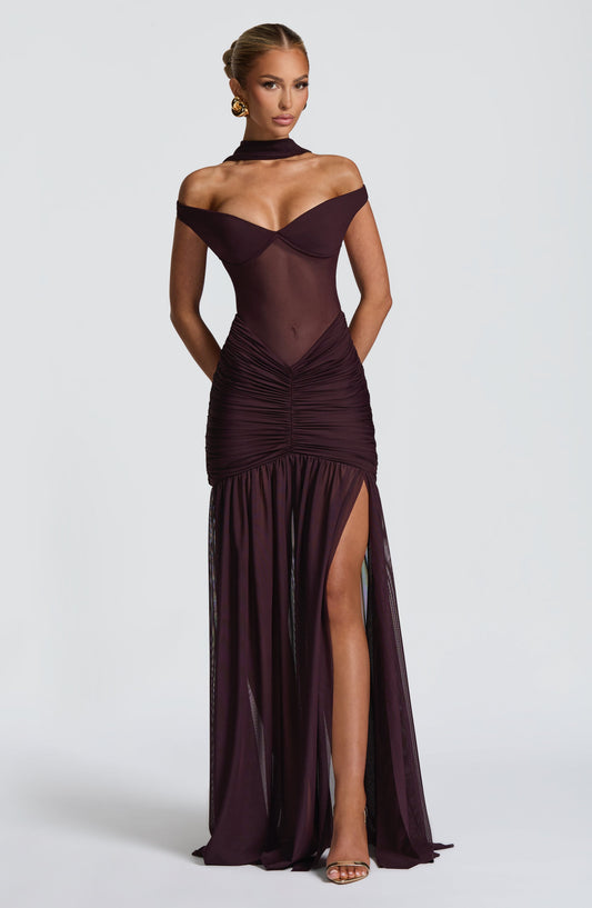 Sienna Maxi Dress Plum Sweetheart Bardot – front view