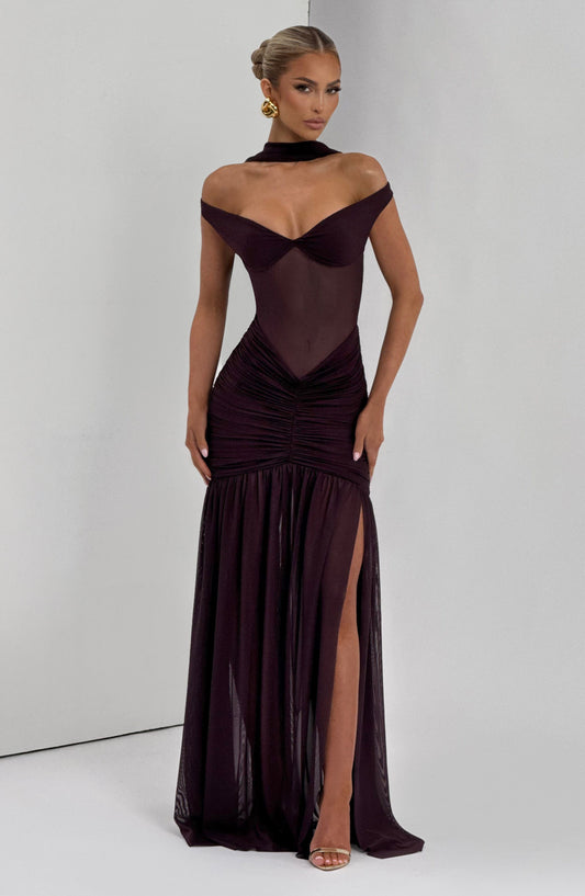 Sienna Maxi Dress Plum Sweetheart Bardot – detail view