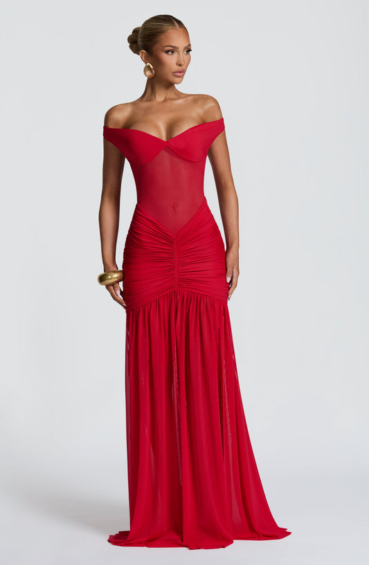 Sienna Maxi Dress Sweetheart Bardot Red – detail view