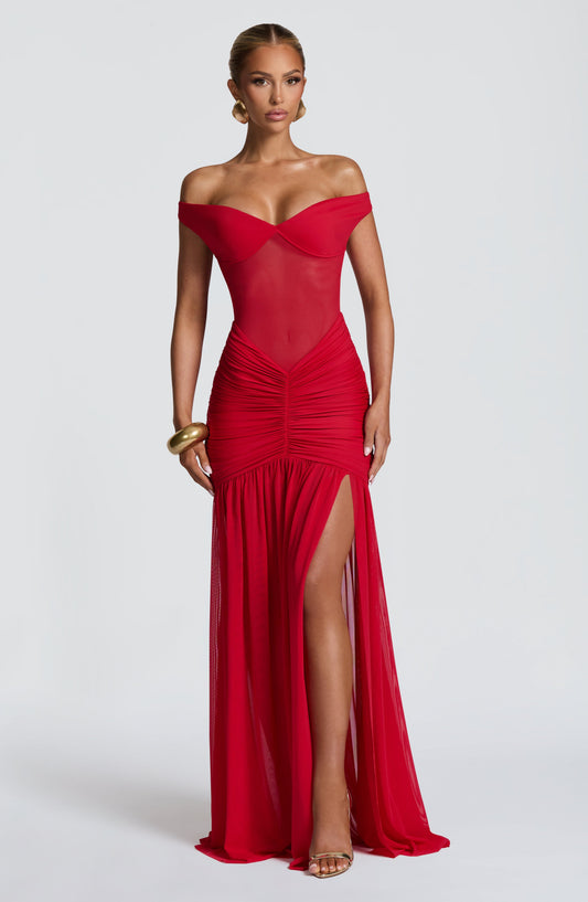 Sienna Maxi Dress Sweetheart Bardot Red – close-up detail