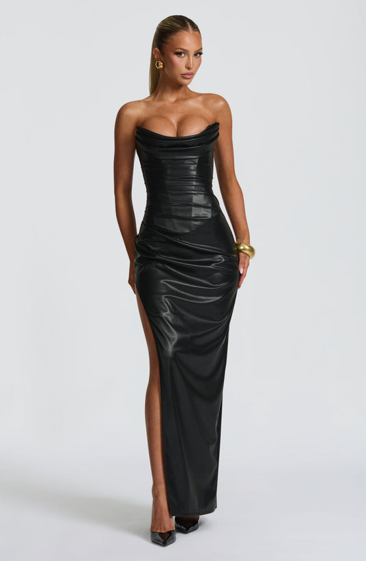 Alvara Faux Leather Maxi Dress Black – back view