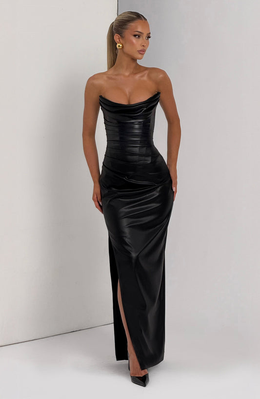 Alvara Faux Leather Maxi Dress Black – front view