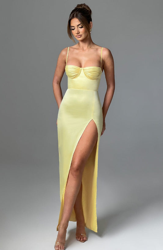Clara Satin Maxi Dress Lemon – side view