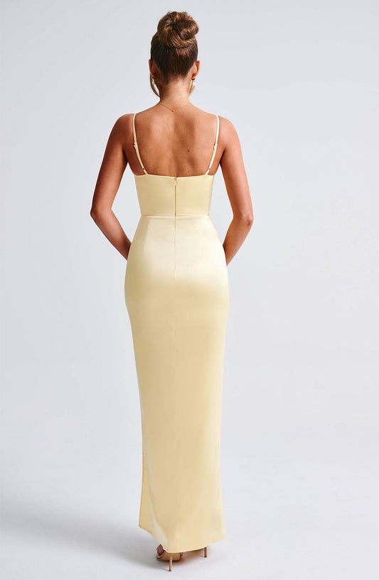 Clara Satin Maxi Dress Lemon – detail view