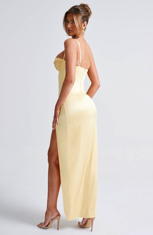 Clara Satin Maxi Dress Lemon – styling detail