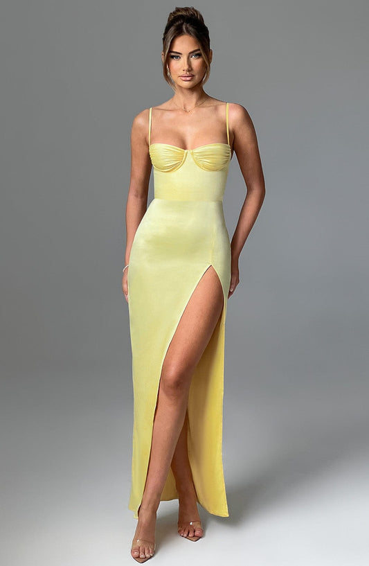 Clara Satin Maxi Dress Lemon – back view