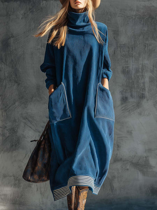 Casual Vintage Blue Corduroy Midi Dress With Pockets