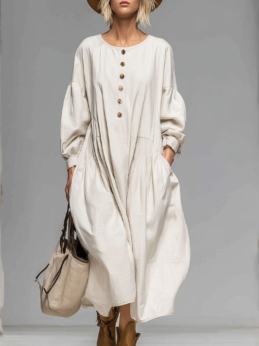 Cotton Long-Sleeved Midi Dress With Functional Pockets Beige