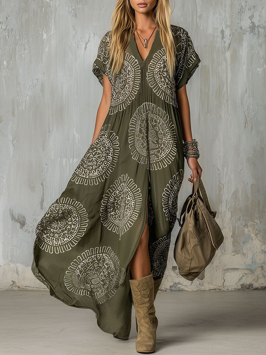 Floral Print Chiffon Midi Dress Olive Green Retro Ethnic