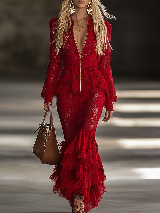 Elegant Red Lace Long Sleeve Maxi Dress Ruffle Hem