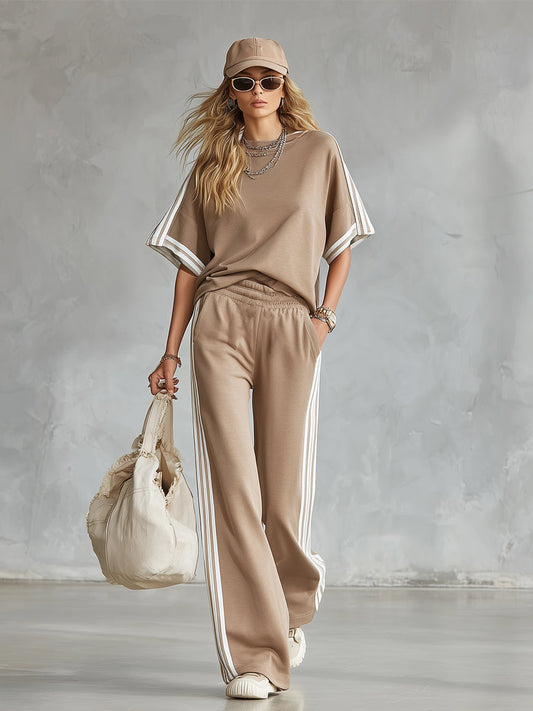Casual Everyday Khaki T-Shirt And Pants Set With Striped Trim