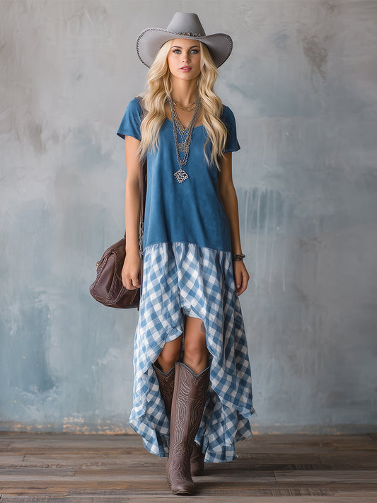 GY Retro Blue Faux Suede Patchwork Plaid Short Sleeve Maxi Dress
