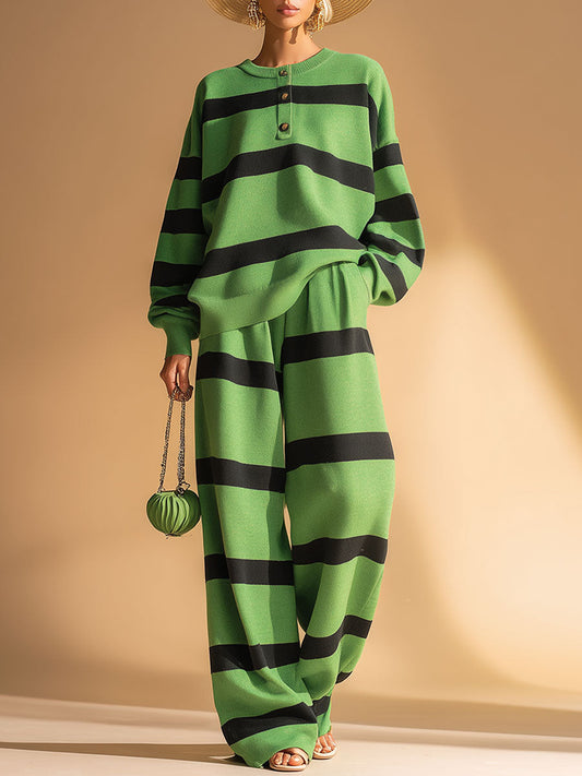 Green and Black Striped Knitted Sweatshirt and Pants Set