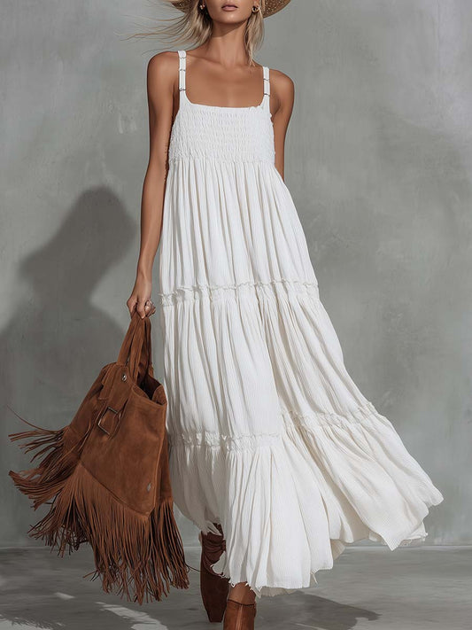 CSS Retro Western Cotton Linen Strappy Maxi Dress White