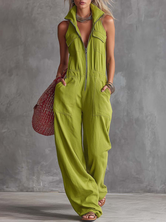 Bright Green Cotton Linen Jumpsuit With Western Collar And Zipper