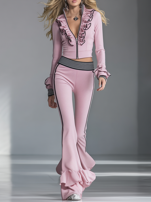 Elegant Pink Waffle Knit Flared Pants and Matching Top Set
