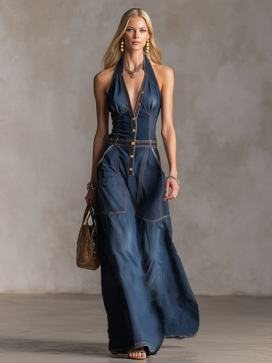 Denim Maxi Dress Halter Neck with Front Pockets Navy Blue