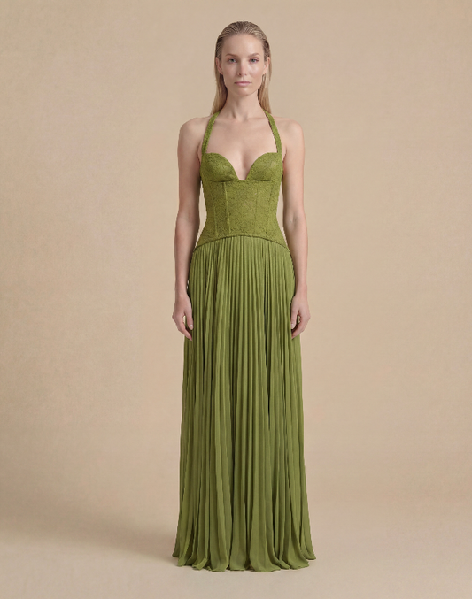Olive Green Wedding Guest Maxi Dress for Women – Summer Halter Lace Corset Bodice Pleated Occasion Dress