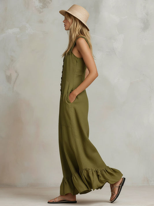 Cotton Linen Wide Shoulder Strap Flared Ruffle Sleeveless Jumpsuit Army Green