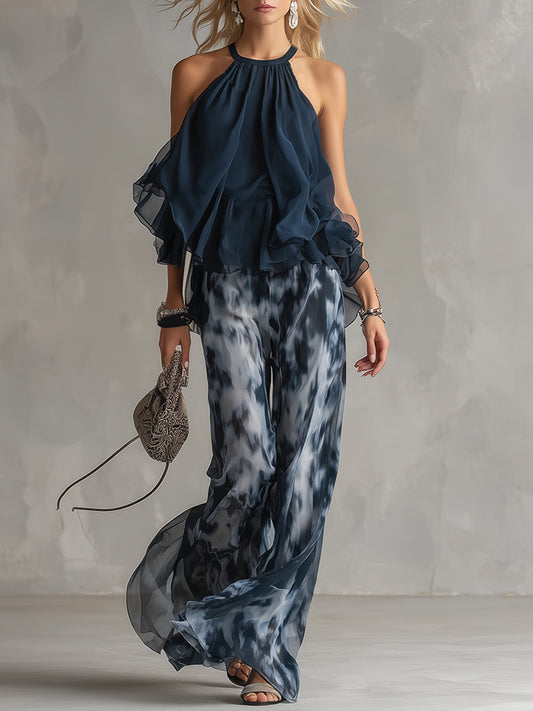Elegant Navy Blue Halter Neck Top and Printed Chiffon Set